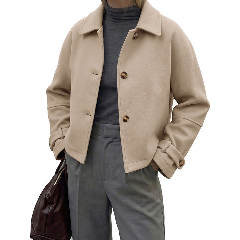 Women Short Cut Wool Blend Boxy Coat with Shirt Collar and Adjustable Cuffs Chichicherry
