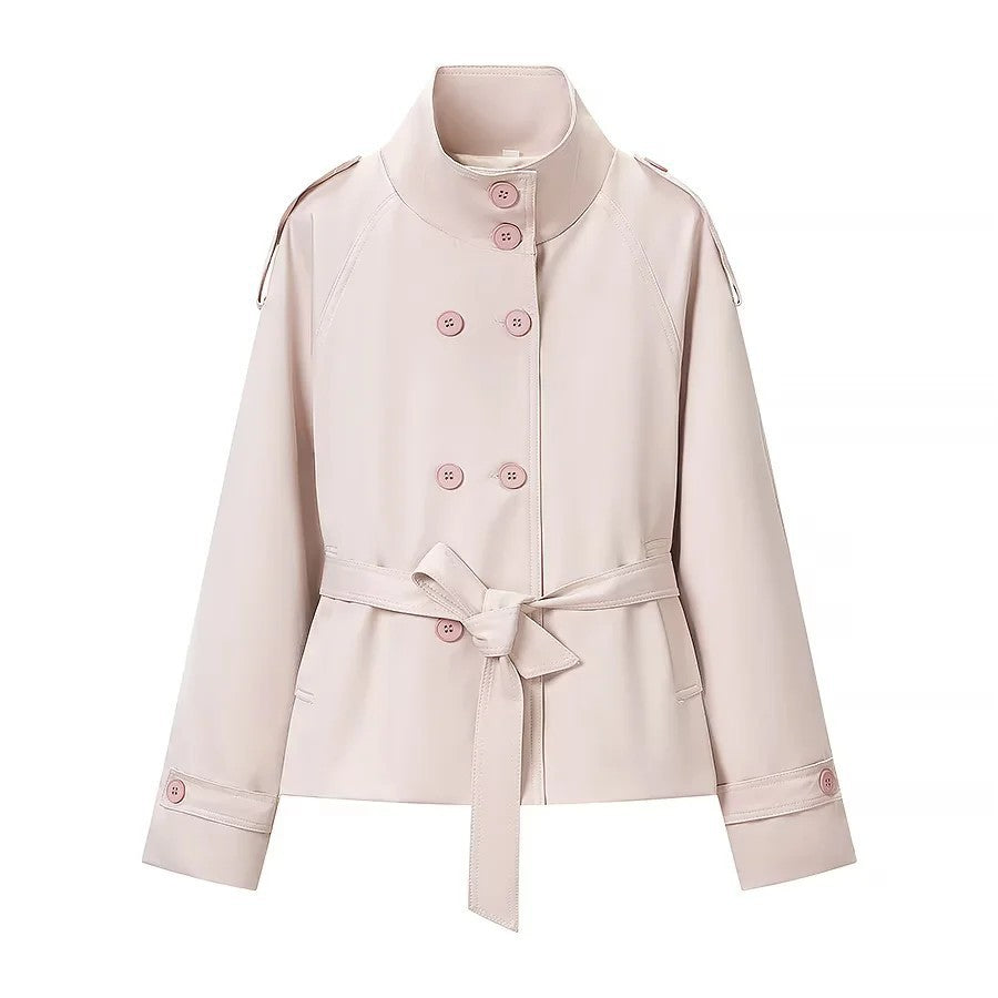 Women's short trench-style jacket with stand-up collar double-breasted and tie belt Chichicherry
