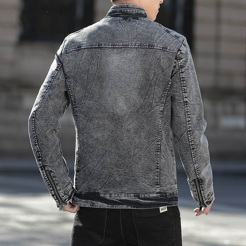 Men's Slim-Fit Washed Denim Jacket with Stand Collar and Zipper Chichicherry