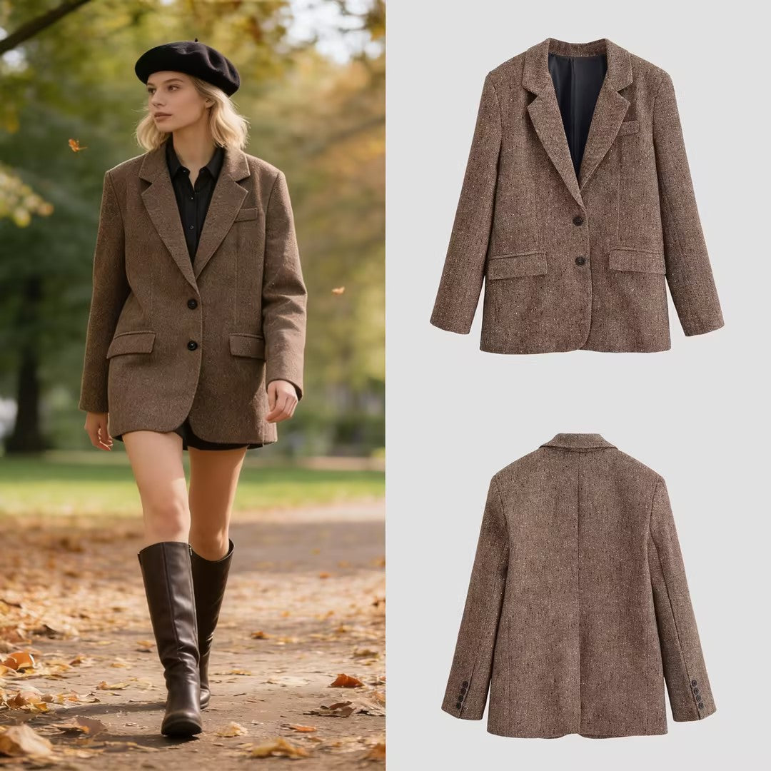 Women's Oversize Tweed Blazer with Houndstooth Pattern and Flap Pockets Chichicherry