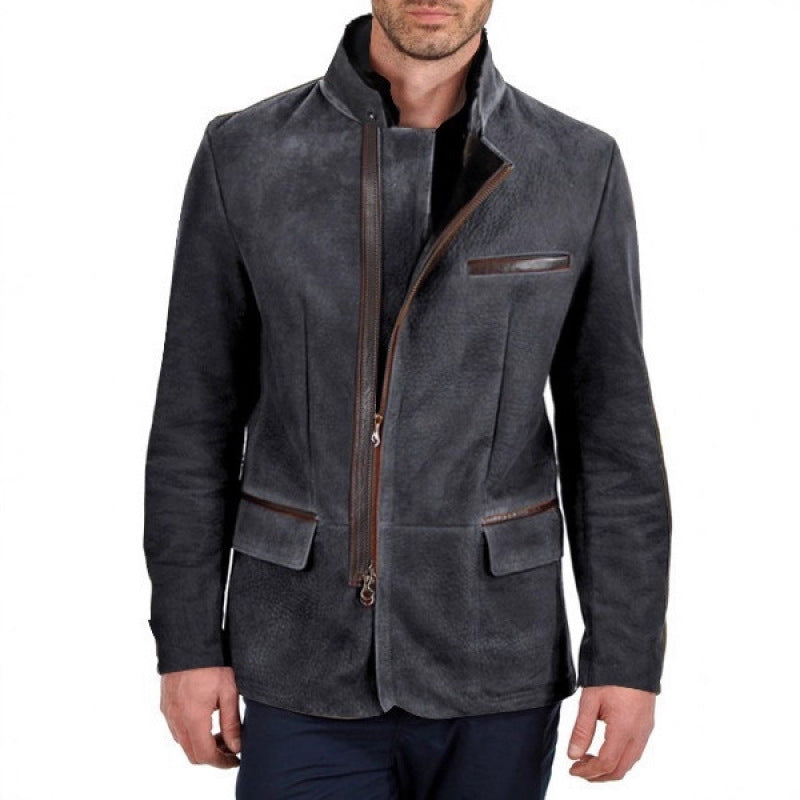 Men's suede field jacket in pilot style with stand-up collar, asymmetrical double-opening zipper and contrasting leather trims Chichicherry