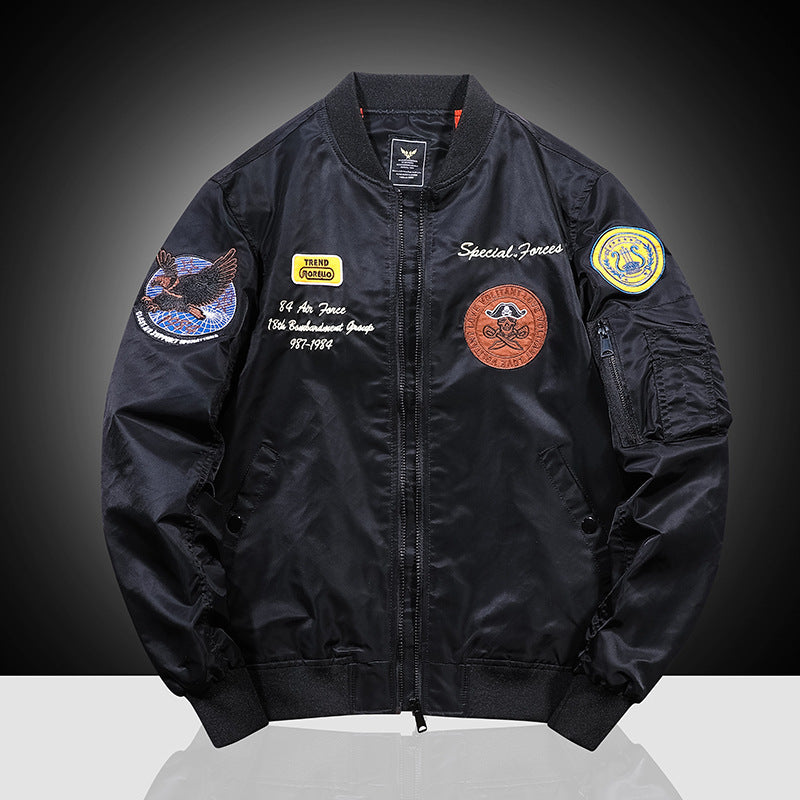 Men's bomber-style pilot jacket with brand patches, arm pocket and windproof outer shell Chichicherry
