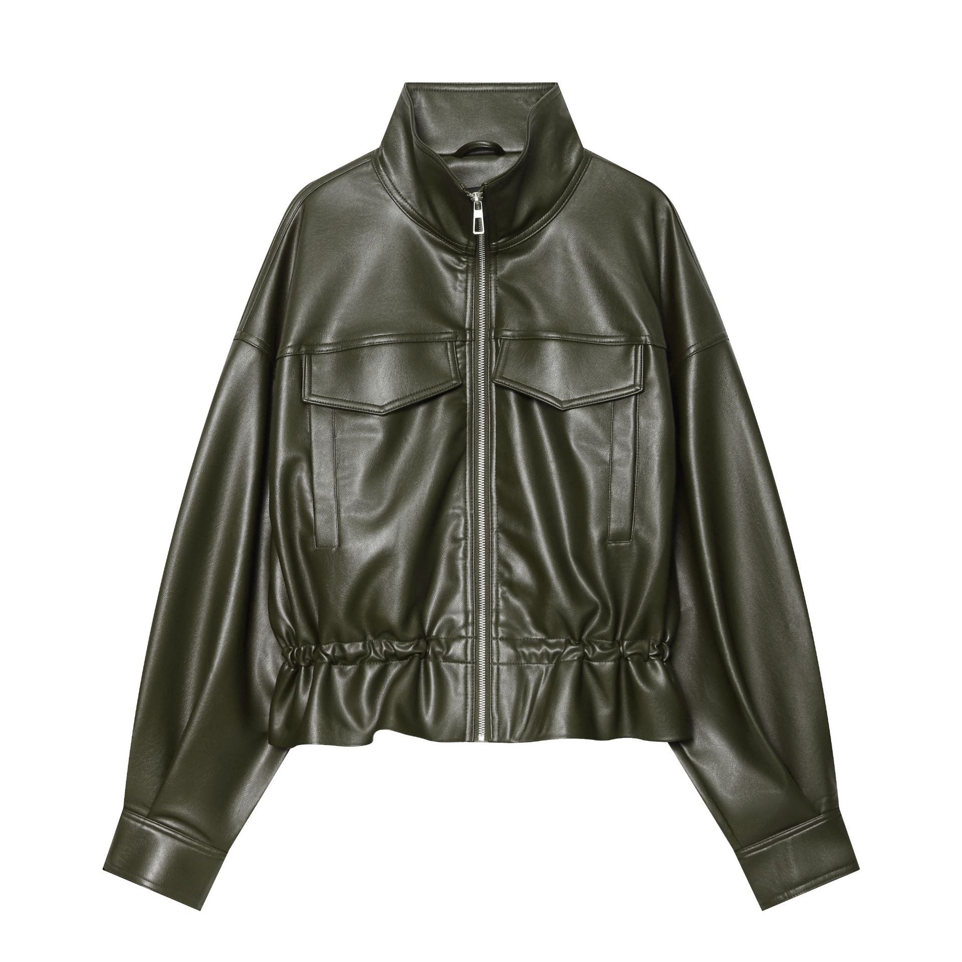 Women's Cropped Faux Leather Blouson with Drawstring, Patch Flap Pockets and High Stand Collar Chichicherry