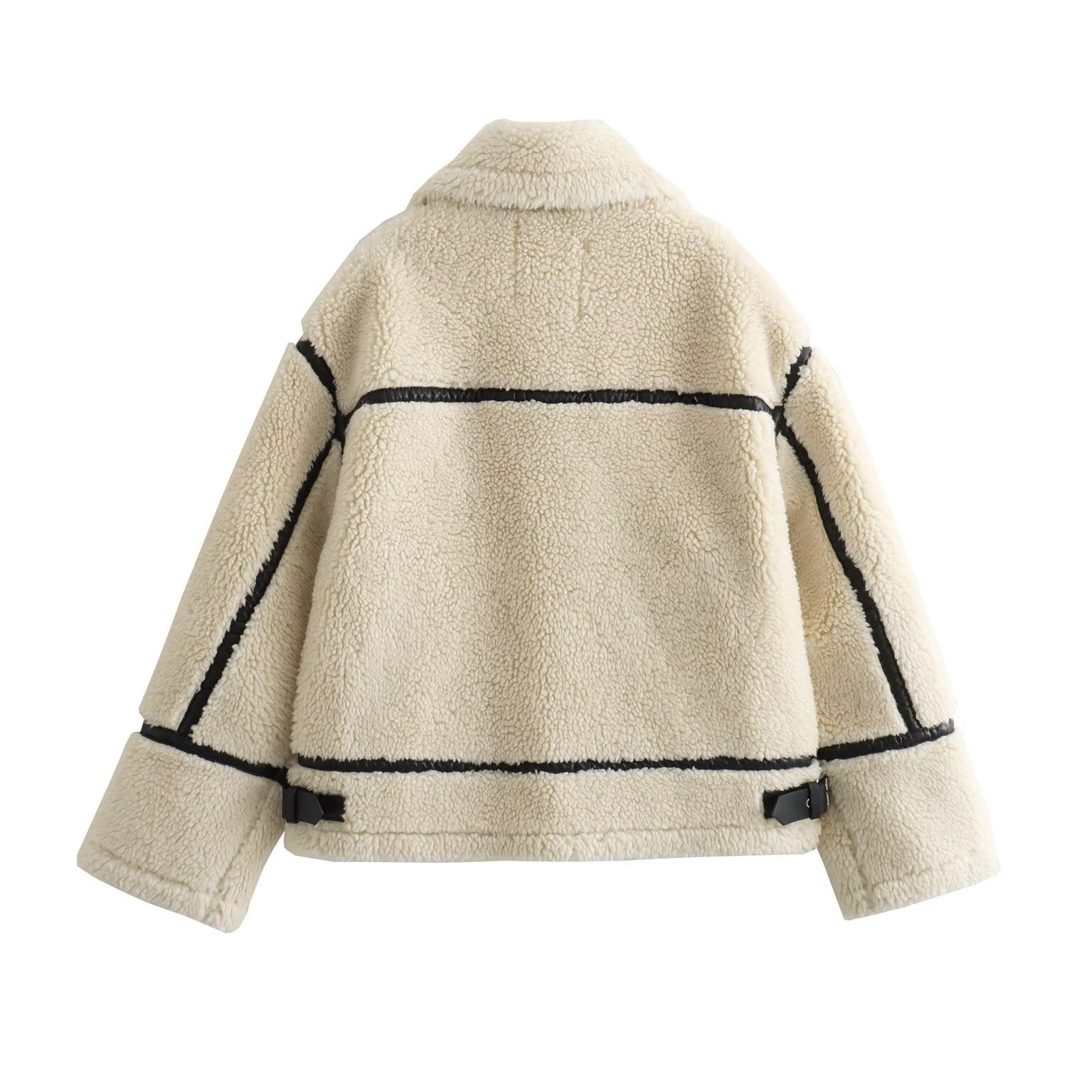 Women's Oversized Teddy Jacket in Aviator Style with Faux Leather Piping, Stand Collar and Zipper Chichicherry