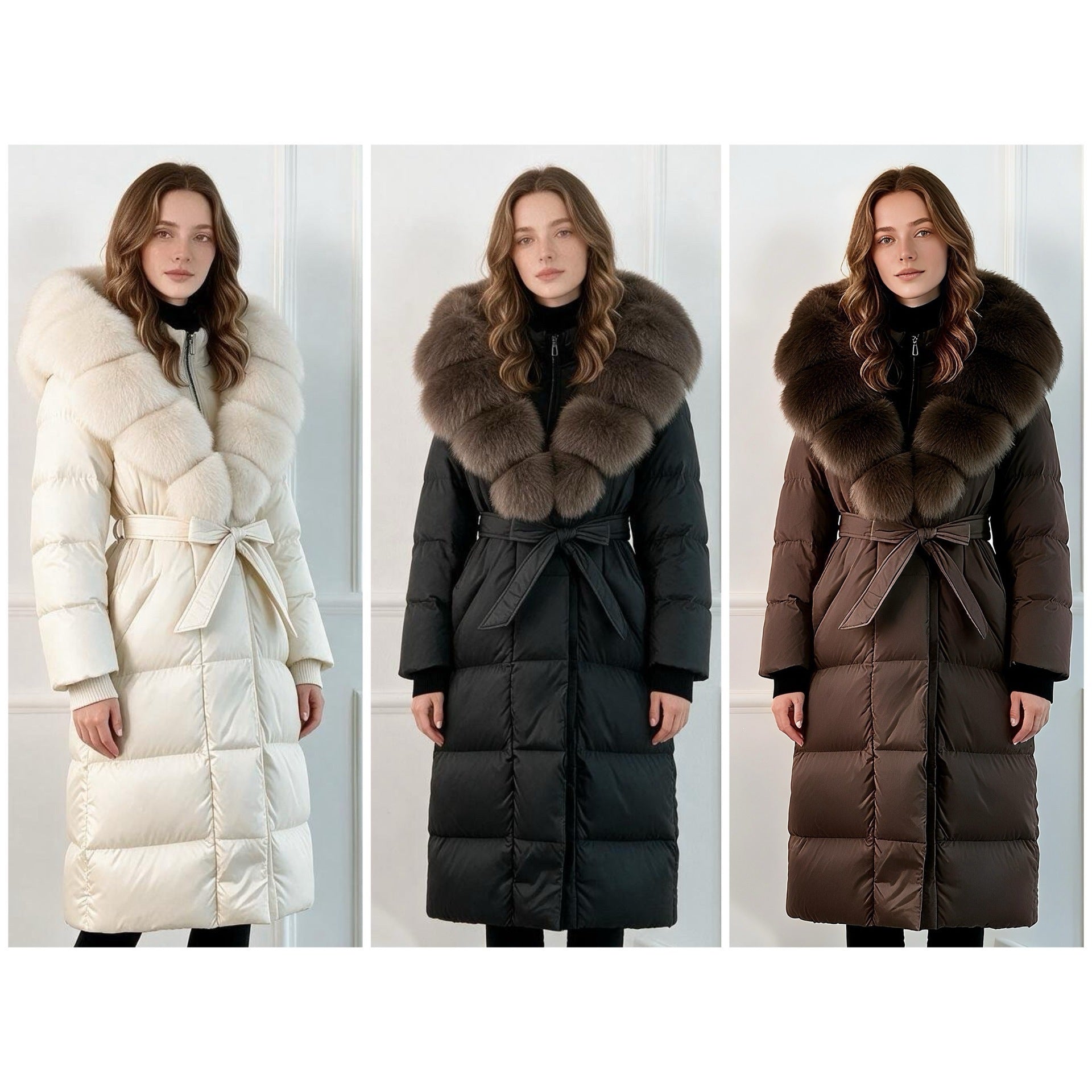 Women's longer quilted coat with oversized fur collar and belt Chichicherry