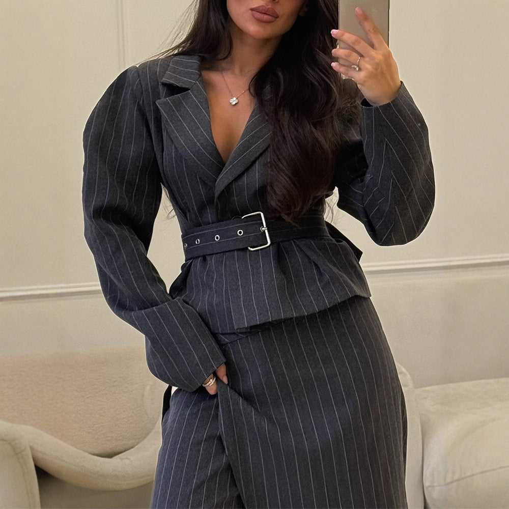 Women's Tailored Pinstriped Blazer with Shoulder-Emphasizing Balloon Sleeves and Waist Belt Chichicherry