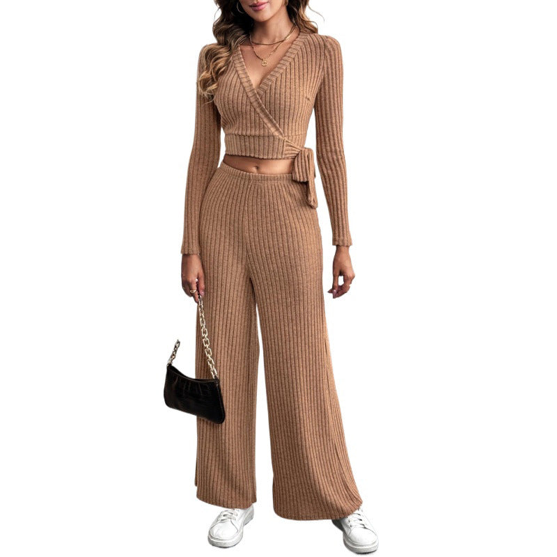 Women Knitted Two-Piece Set with Wrap Cropped Cardigan and High-Waisted Wide Ribbed Trousers Chichicherry