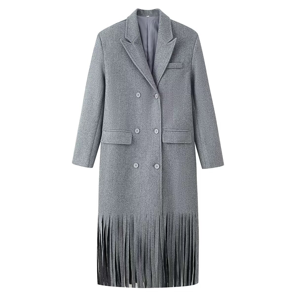 Women's Double-Breasted Wool Blend Coat with Fringe Hem and Draped Lapel Chichicherry