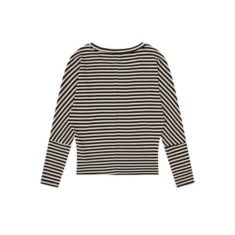 Women Striped Long Sleeve Round Neck Top made of Cotton Blend Chichicherry