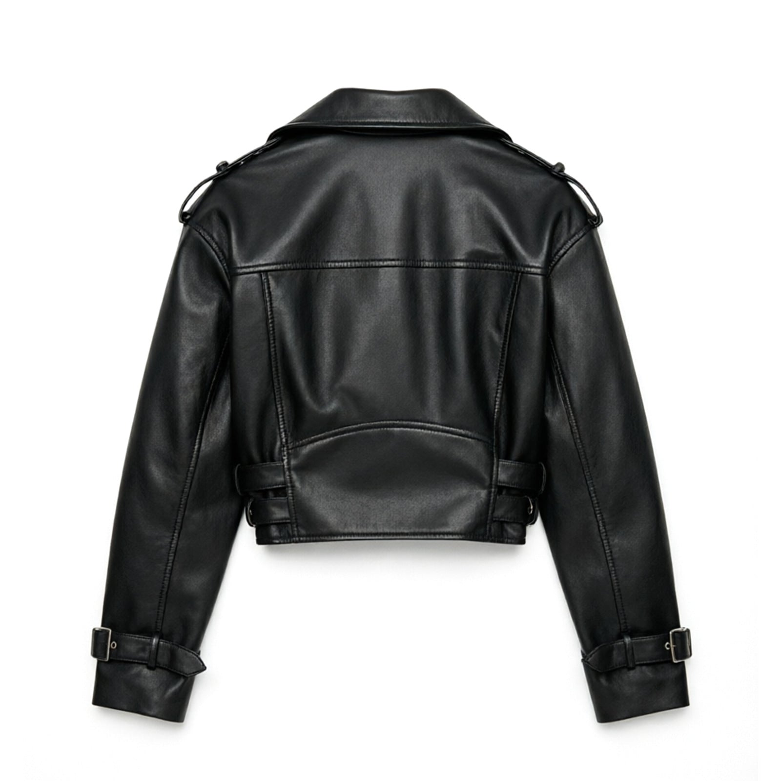 Ladies short fitted biker jacket made of faux leather with double waist belt, epaulettes and zipper details Chichicherry