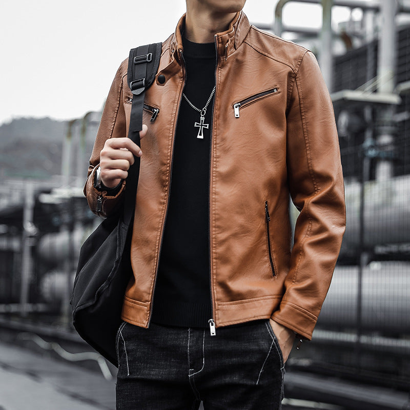 Men's faux leather moto jacket in aviator style with stand-up collar and functional zippers Chichicherry
