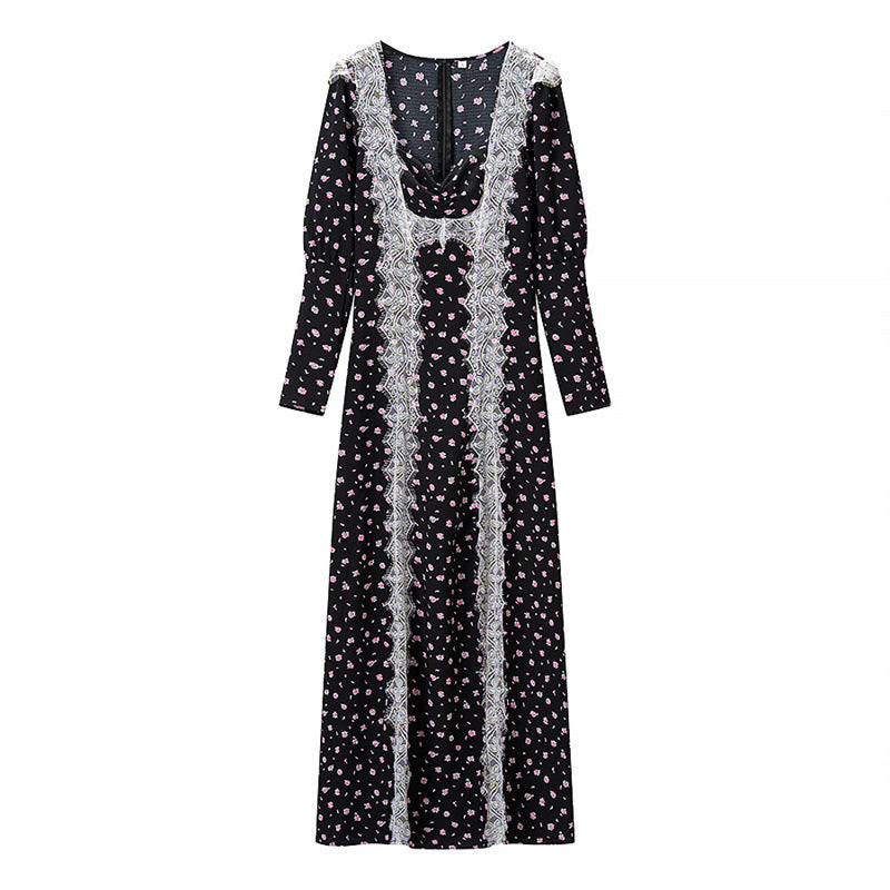 Women's Long Sleeve Maxi Dress with Lace Trimmings, Deep V-Neck and Floral All-Over Print Chichicherry