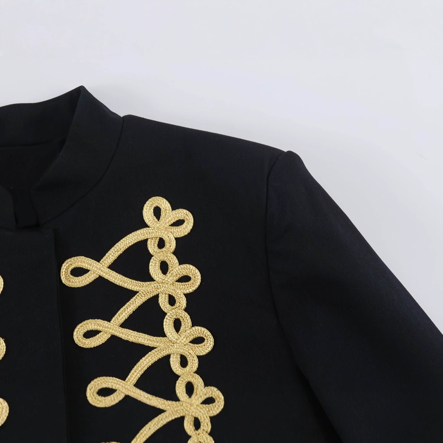 Women's Cropped Bolero Jacket with High Stand-Up Collar and Decorative Galloon Trim Chichicherry