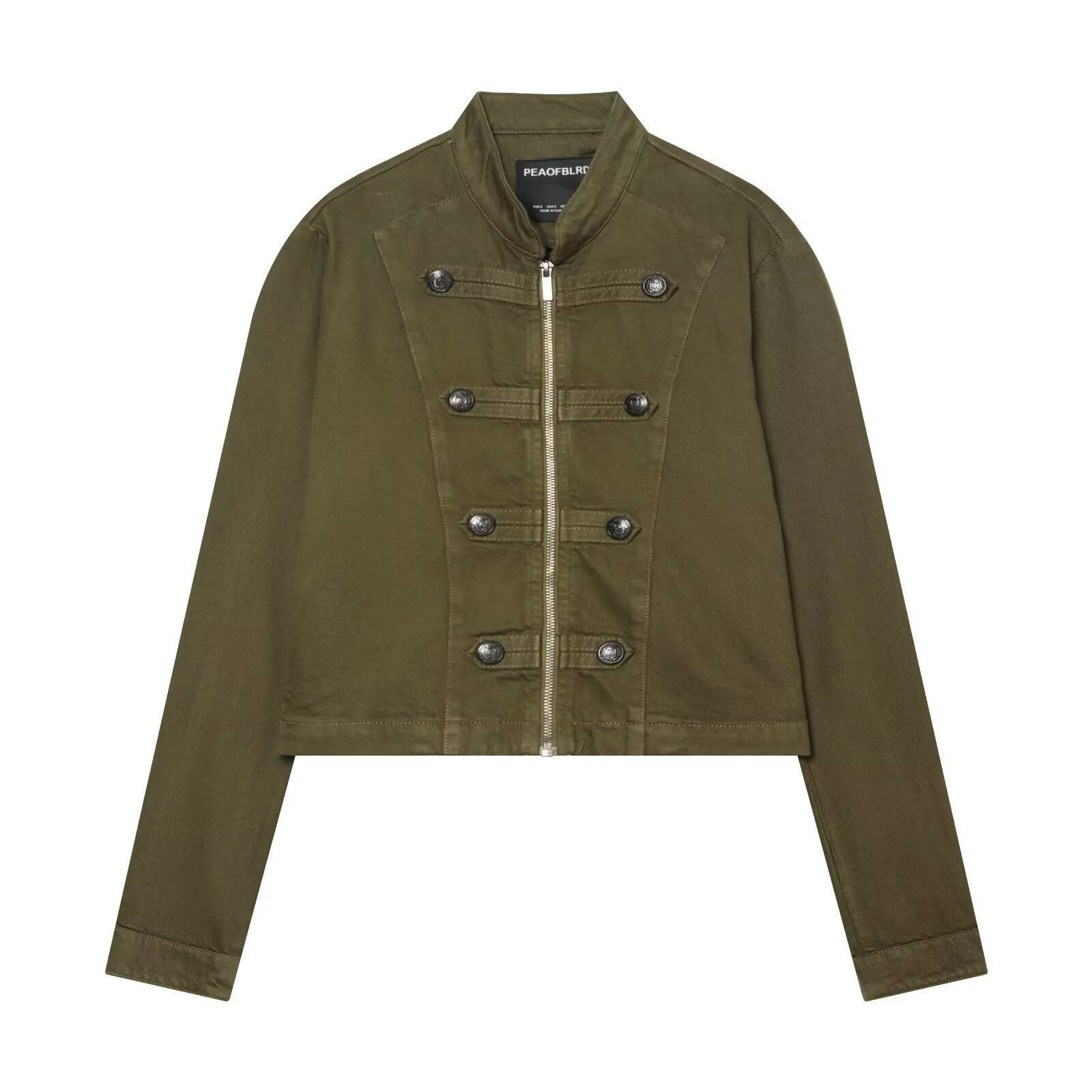 Women's Short Military-inspired Jacket with Stand Collar, Decorative Button Plackets and Full Zip Chichicherry