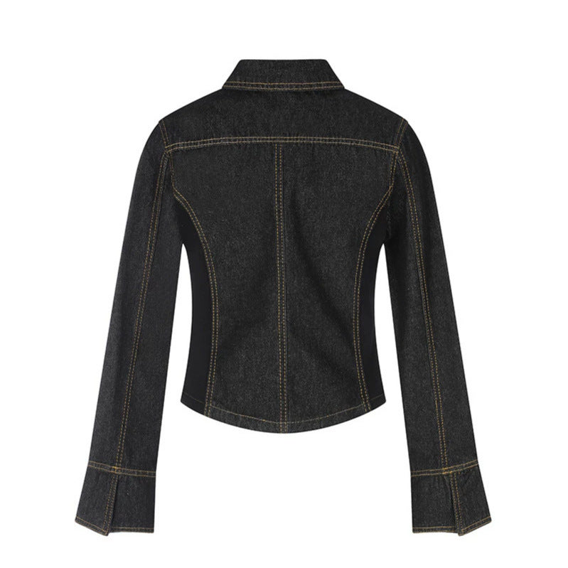 Women's tailored cropped denim jacket with shaping seams, chest patches, and decorative buttons Chichicherry