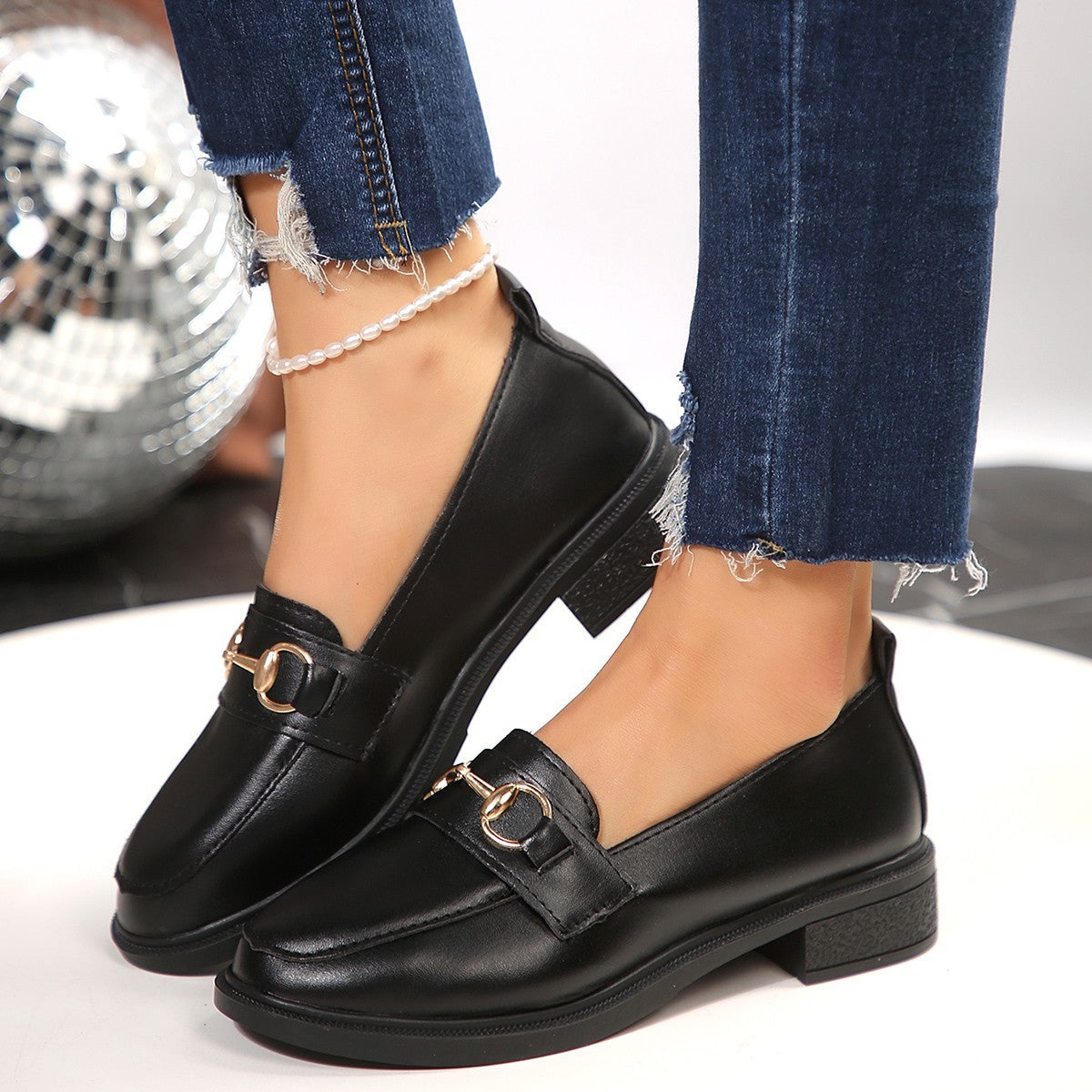 Ladies Patent Leather Platform Loafer with Gold Horsebit Detail and Low Block Heel Chichicherry