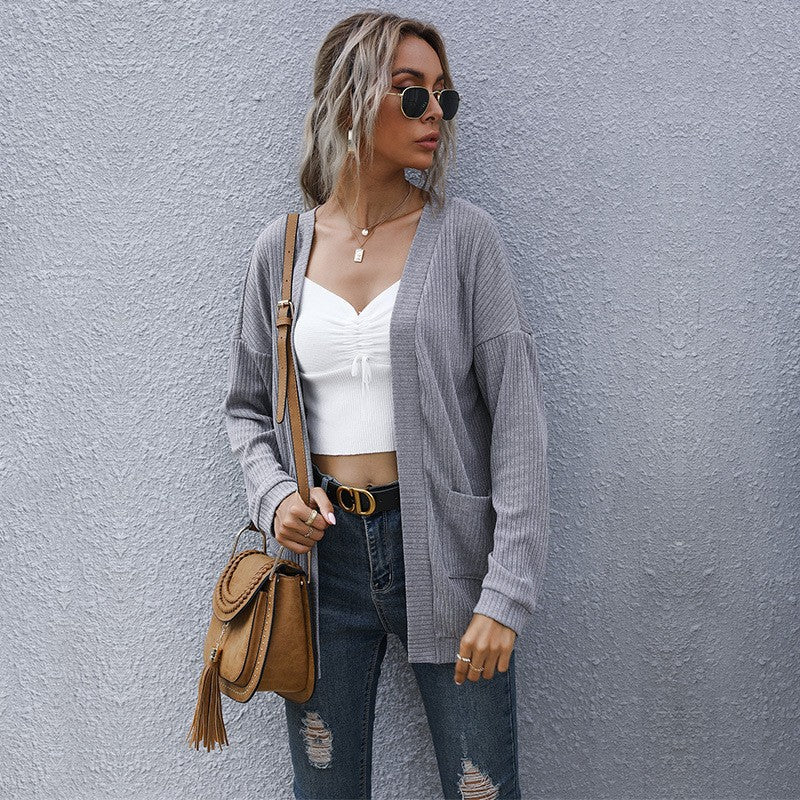 Women Loose Fine Knit Cardigan with Ribbed Textured Knit and Patch Pockets Chichicherry