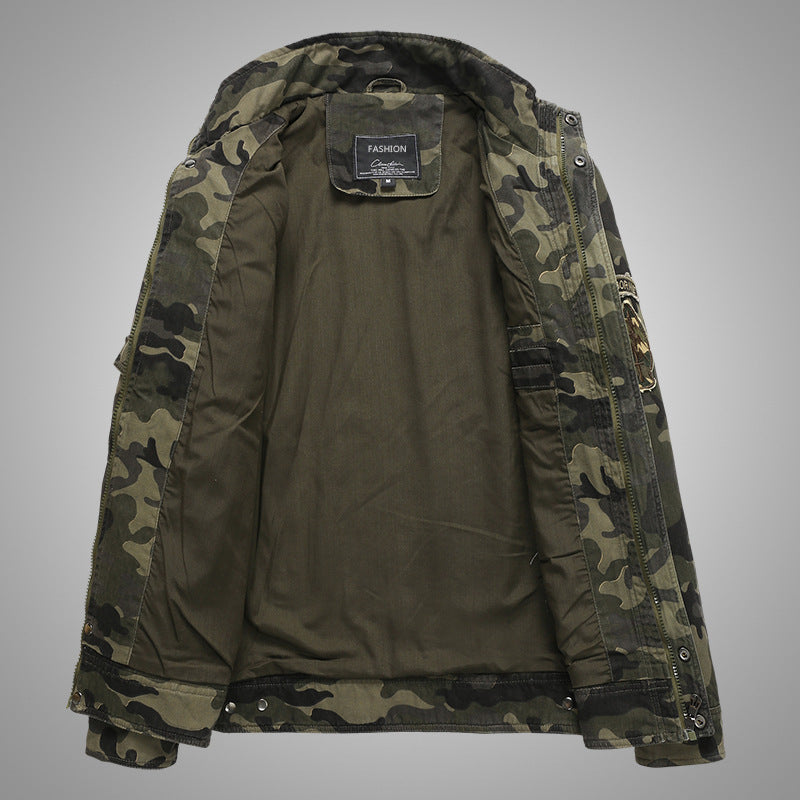 Men's camouflage field jacket made of durable canvas with epaulettes, multiple pockets and stand-up collar Chichicherry