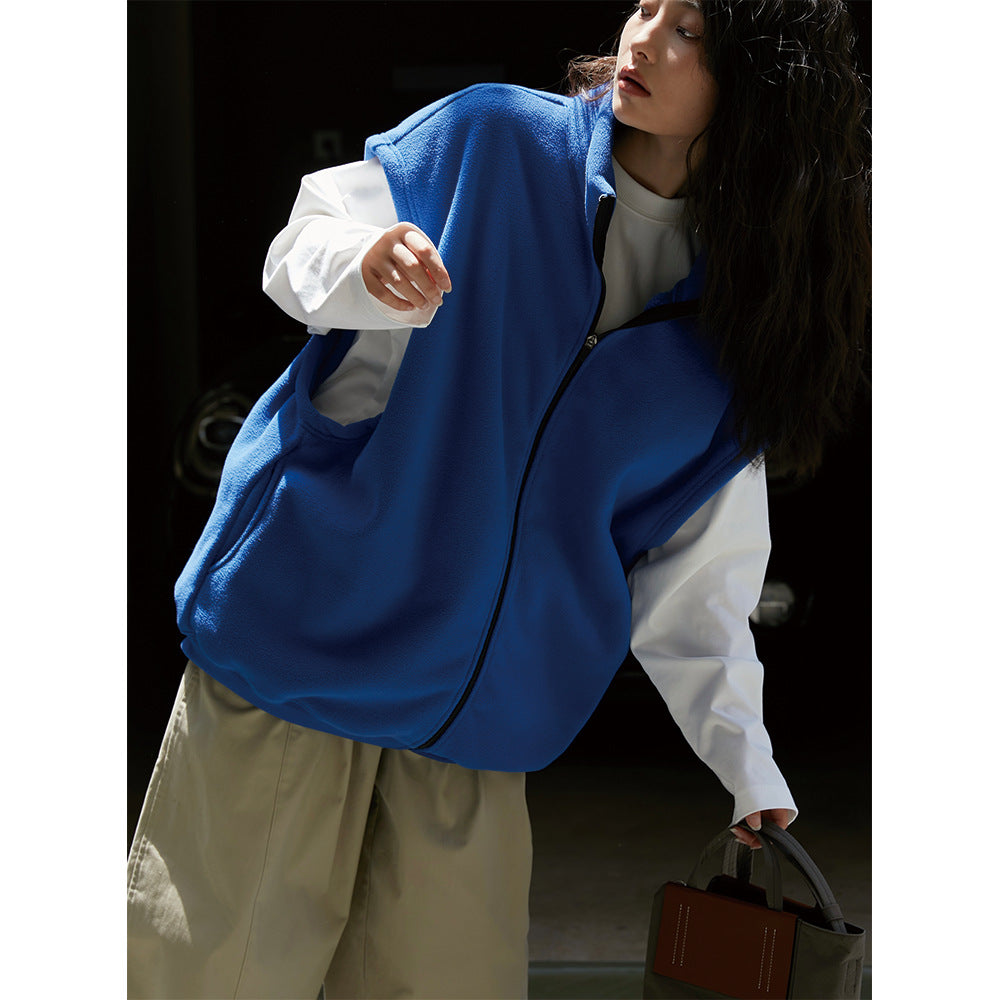 Women Oversize Fleece Vest with Zipper and Stand-up Collar Chichicherry