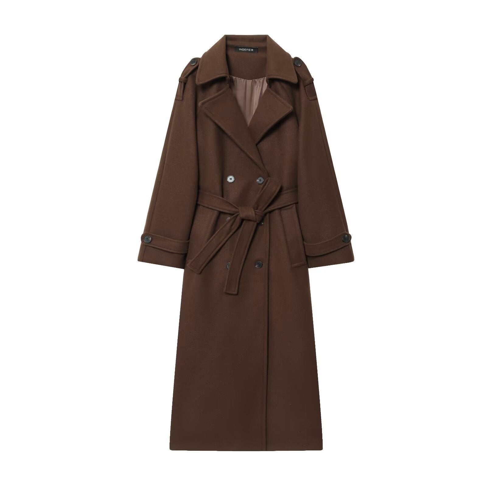 Women Long Double-breasted Trench Coat with Belt and Shoulder Straps Chichicherry