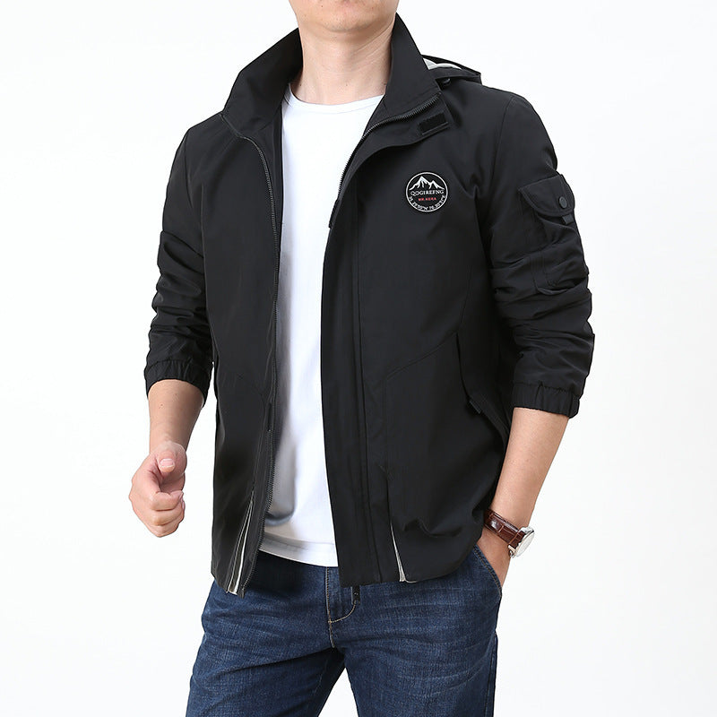 Men's Lightweight Hooded Softshell Jacket in Urban Outdoor Style with Arm Pocket and Elastic Cuffs