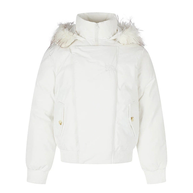 Women's padded short bomber jacket with removable faux fur hood, high stand-up collar, and ribbed cuffs Chichicherry