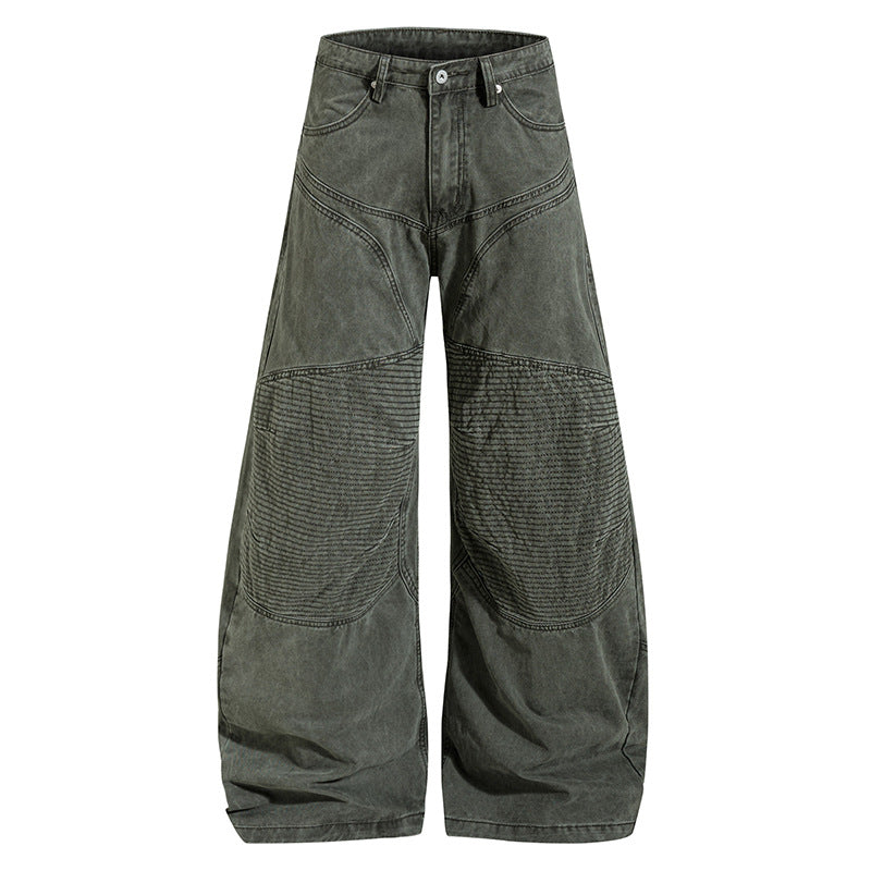 Women High-waisted wide Denim culotte pants with reinforced ribbed knee panels and patch stitching Chichicherry