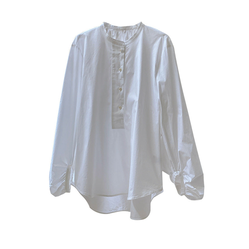 Women's Long Cut Poplin Tunic with Hidden Button Placket and Voluminous Balloon Sleeves Chichicherry