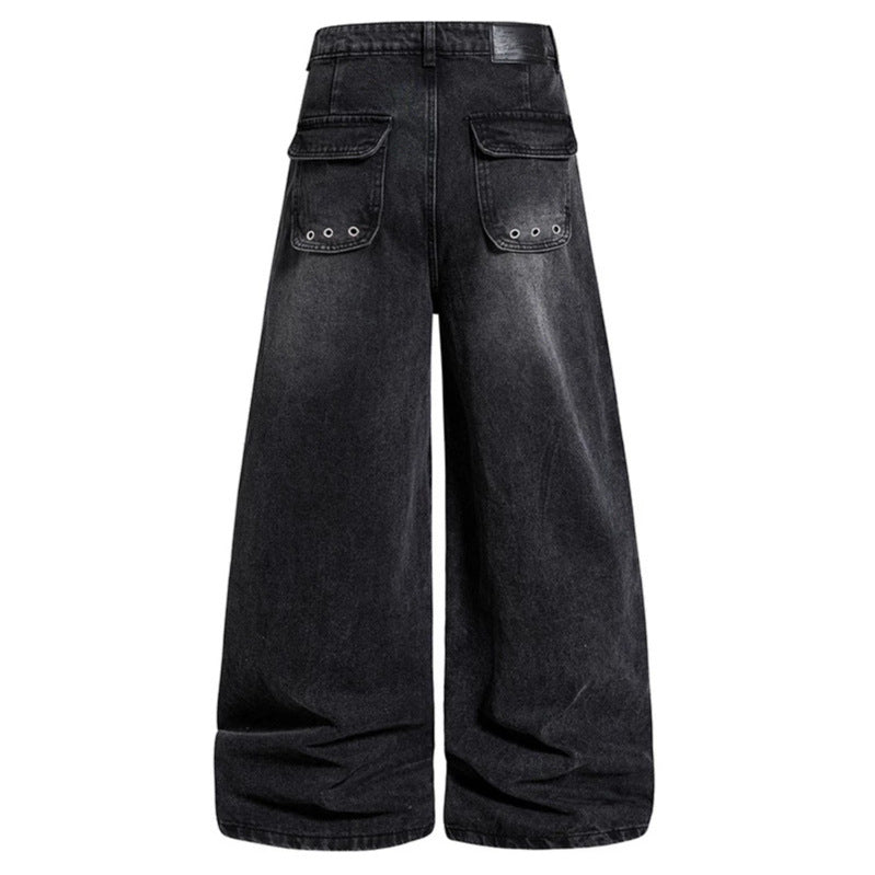 Women Wide High-Waist Denim Cargo Culotte with Rivets and Large Flap Pockets Chichicherry