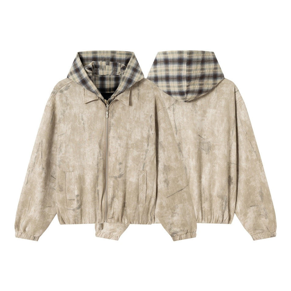 Unisex Short Cut Boxy Jacket in Suede Look with Checked Lined Hood Chichicherry