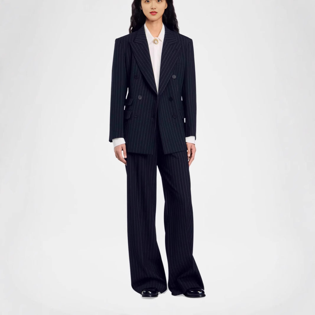 Women Double-Breasted Pinstripe Suit with Oversized Blazer and Wide Pleated Pants Chichicherry