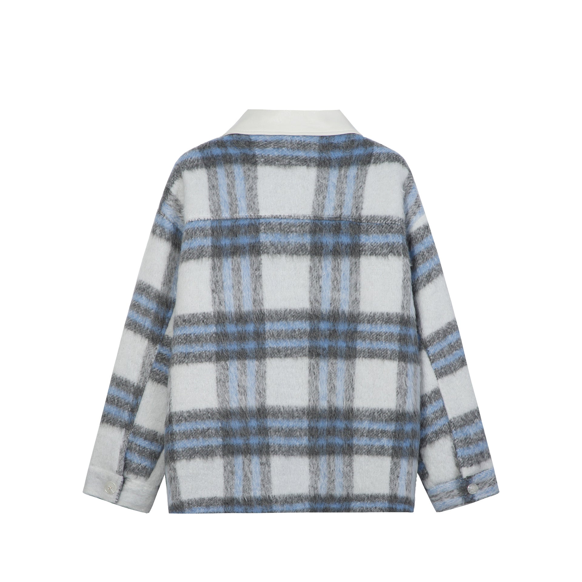 Women's Checked Wool Blend Shacket with Contrasting Faux Leather Collar Chichicherry