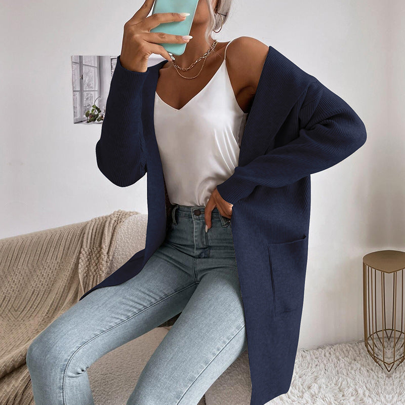 Women's longer ribbed cocoon cardigan made of lightweight fine knit with patch pockets Chichicherry