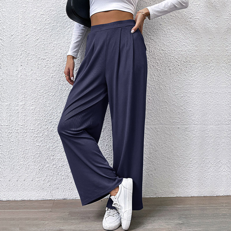 Ladies high-waisted wide trousers with front pleats, elastic waistband and side pockets Chichicherry