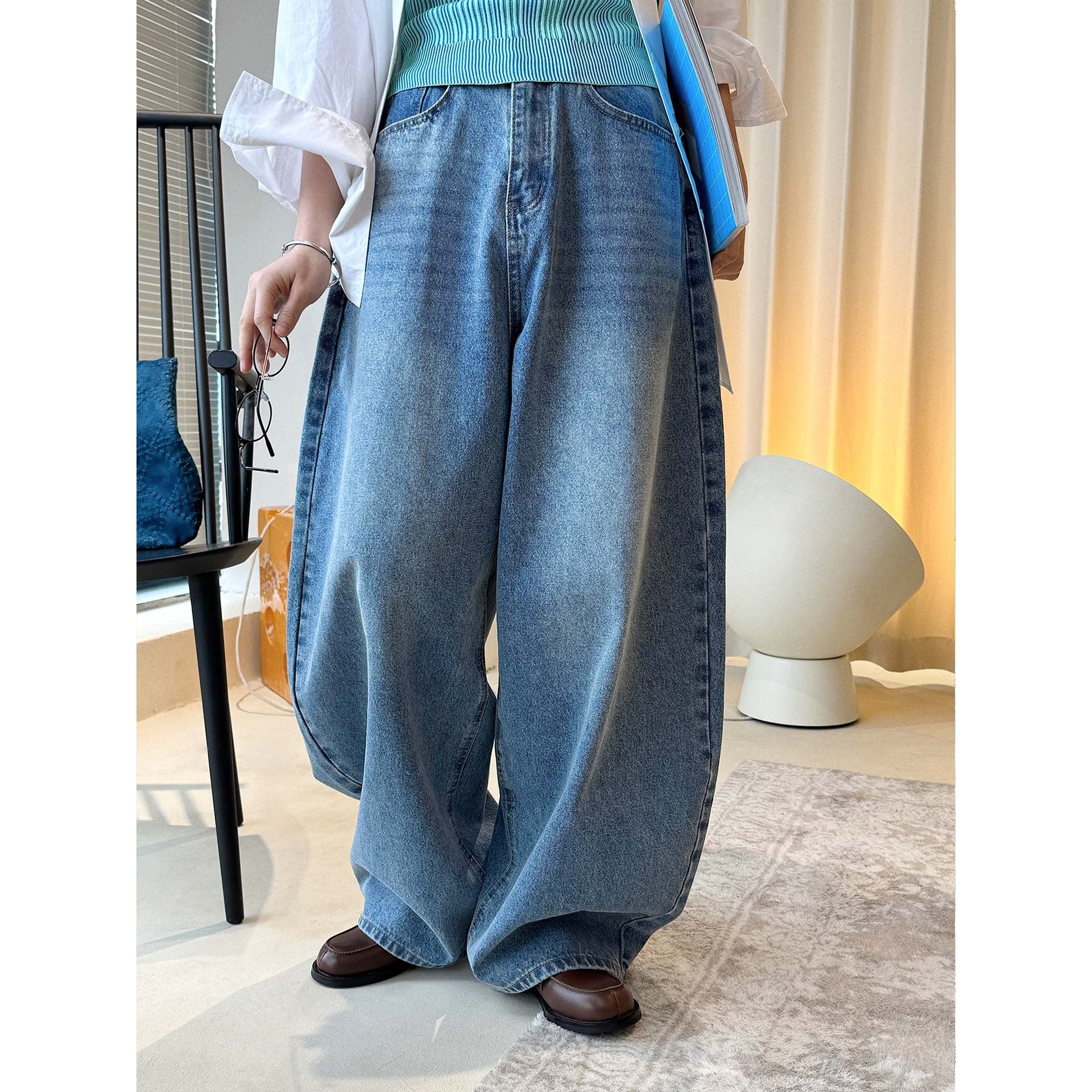Women's Extra Wide High-Waist Denim Culotte in Balloon Baggy Cut Chichicherry