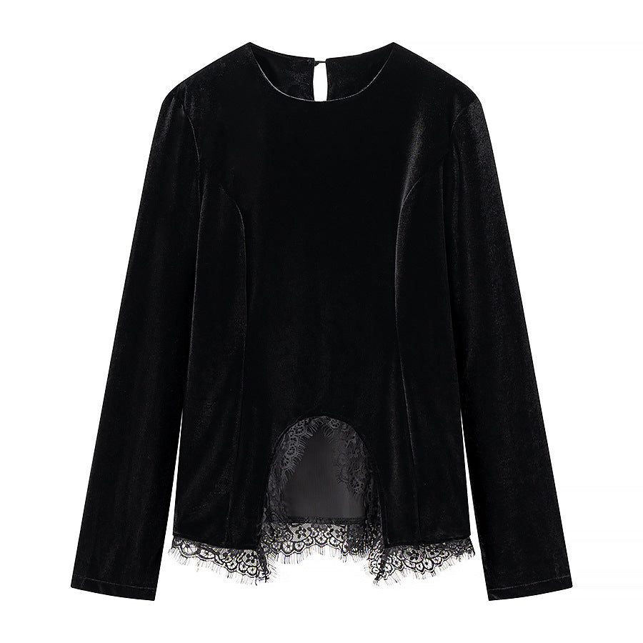 Women Elegant Velvet Long Sleeve with Lace Trim and Semi-Circular Front Slit Chichicherry