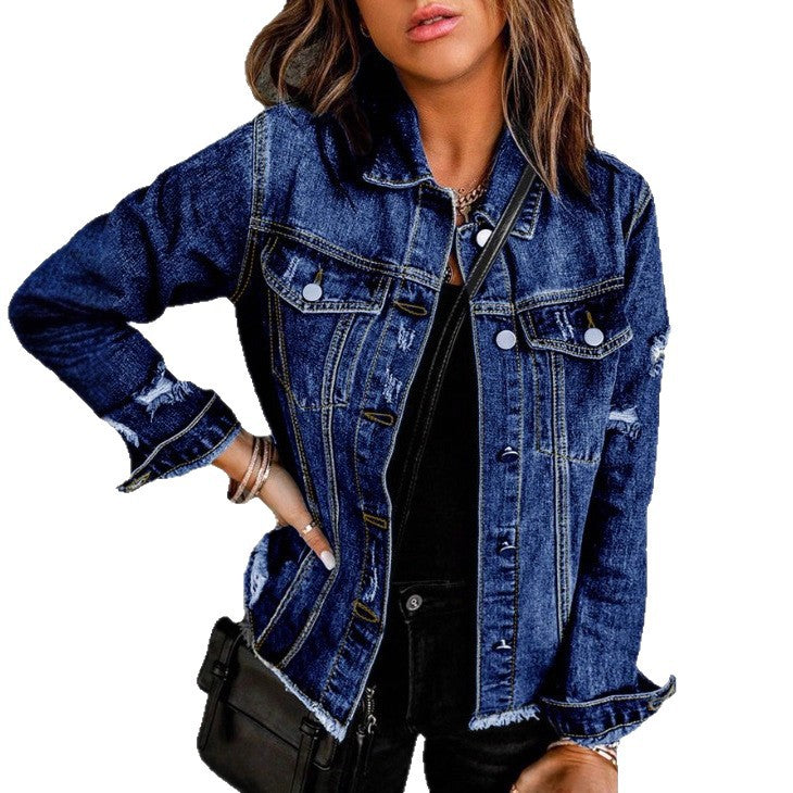 Women's Waist-Cinched Denim Trucker Jacket with Light Destroyed Effect and Fringed Hem Chichicherry