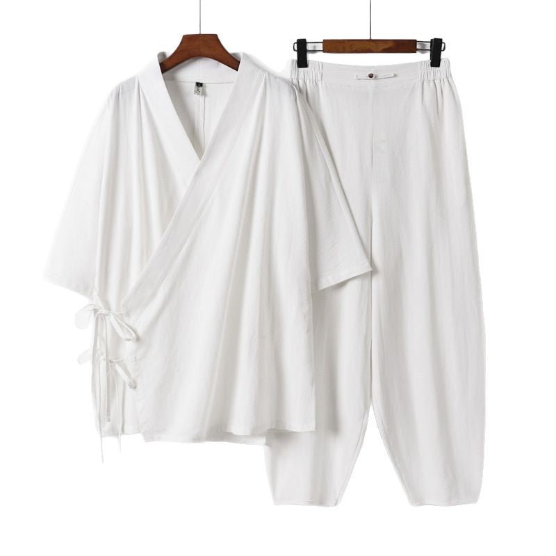 Unisex Lightweight Wrap Lounge Set in Kimono Style with Side Ties and Elastic Tapered Pants Chichicherry