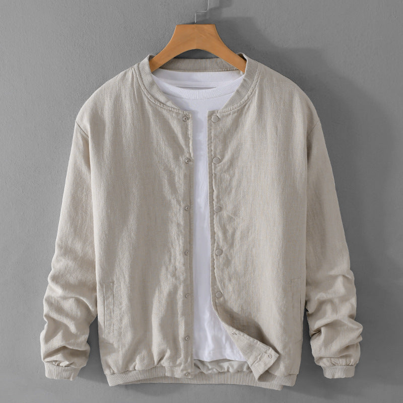 Men's Lightweight Linen Bomber Jacket with Stand Collar and Snap Buttons Chichicherry