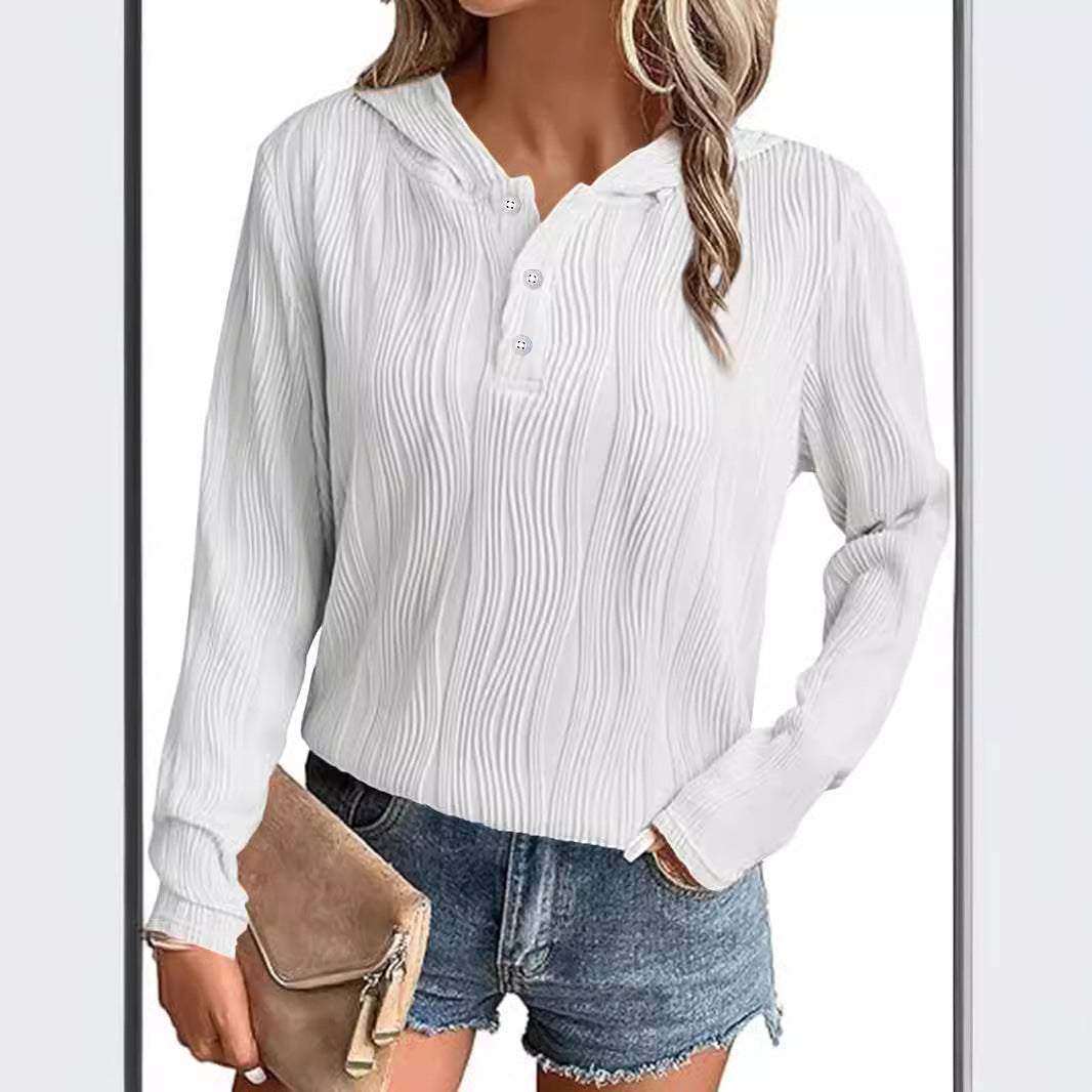 Women's Ribbed Hooded Henley Shirt with Button Placket and Light Texture Chichicherry