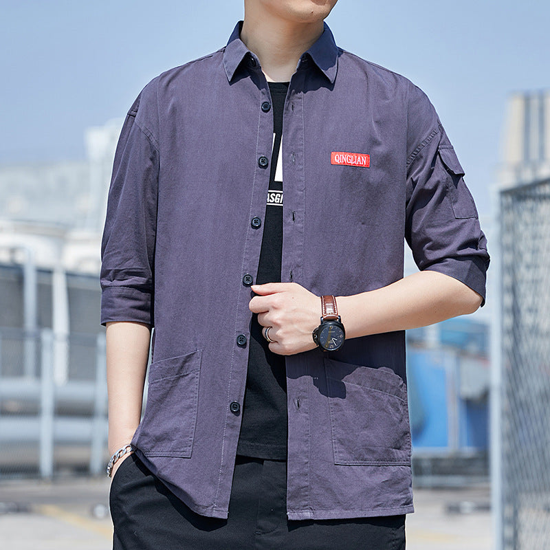 Men's overshirt jacket in lightweight canvas look with patch front pockets and cropped sleeves Chichicherry