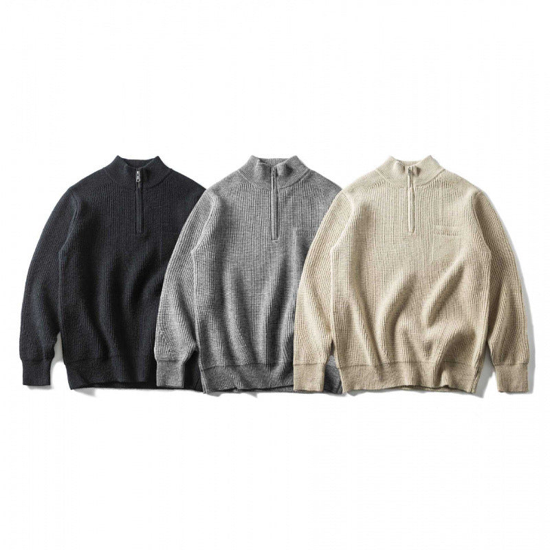 Unisex Coarse Knitted Half-Zip Sweater with Troyer Collar and Chest Pocket Chichicherry