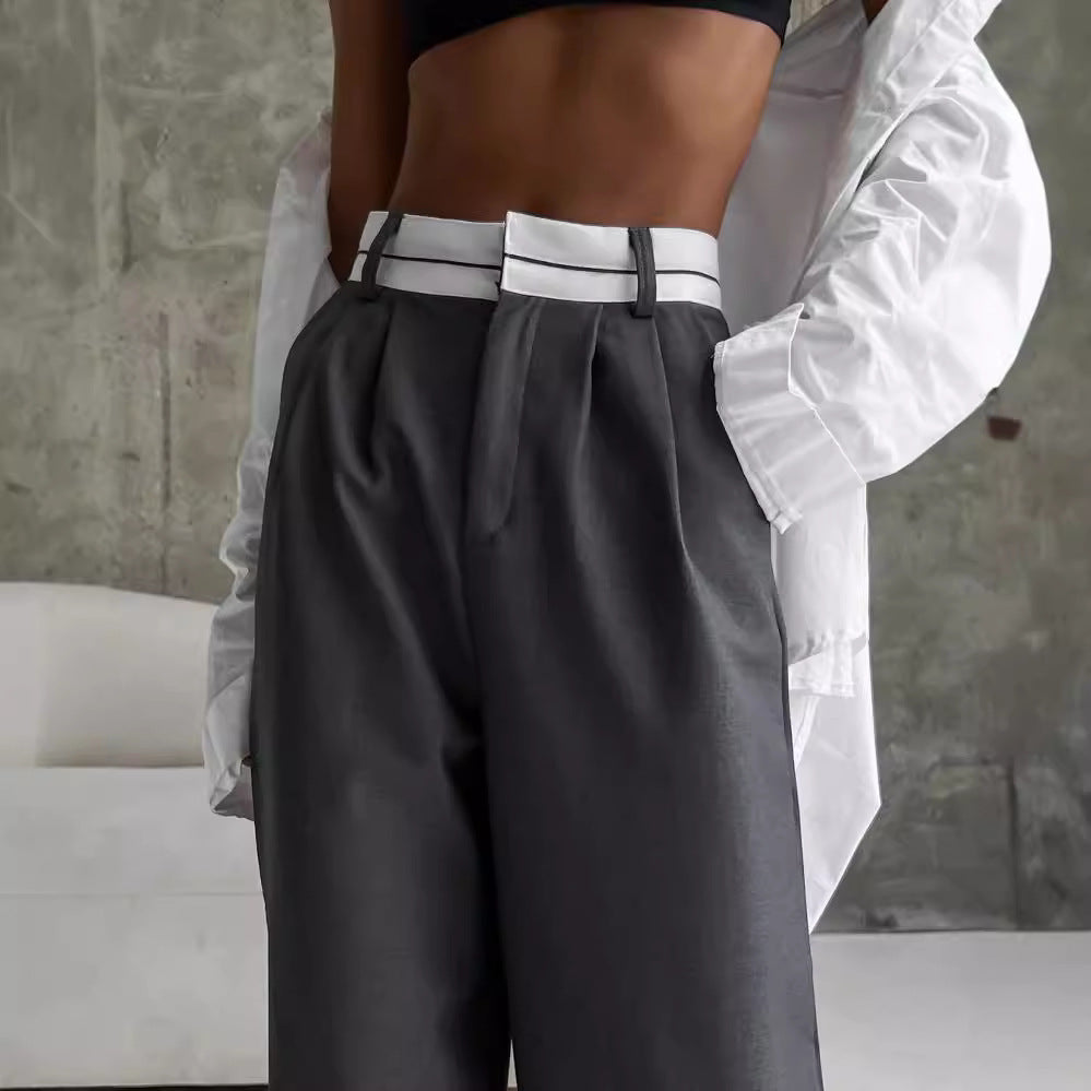 Damen Hochtaillierte weite Bundfaltenhose mit Kontrastbund Chichicherry
