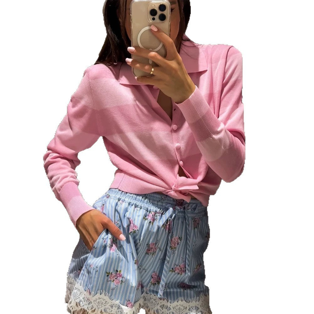 Women Light Short Cardigan with Shirt Collar, Covered Buttons & Knot Tie Chichicherry