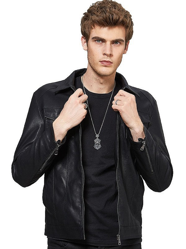 Men's Slim-Fit Biker Jacket in Leather Look with Asymmetrical Zipper and Notched Collar Chichicherry