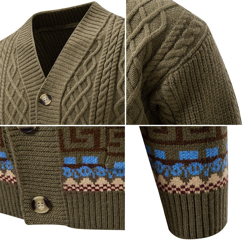 Men's knitted cardigan with cable pattern, jacquard cuffs, and button closure Chichicherry