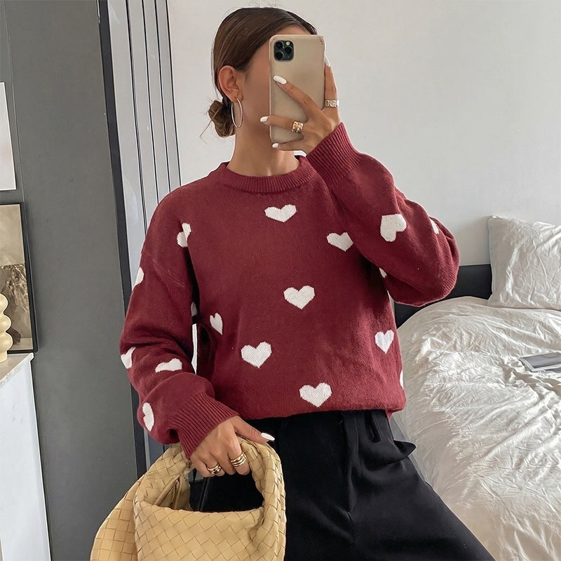 Women's round neck knitted pullover with heart jacquard and casual oversized fit Chichicherry