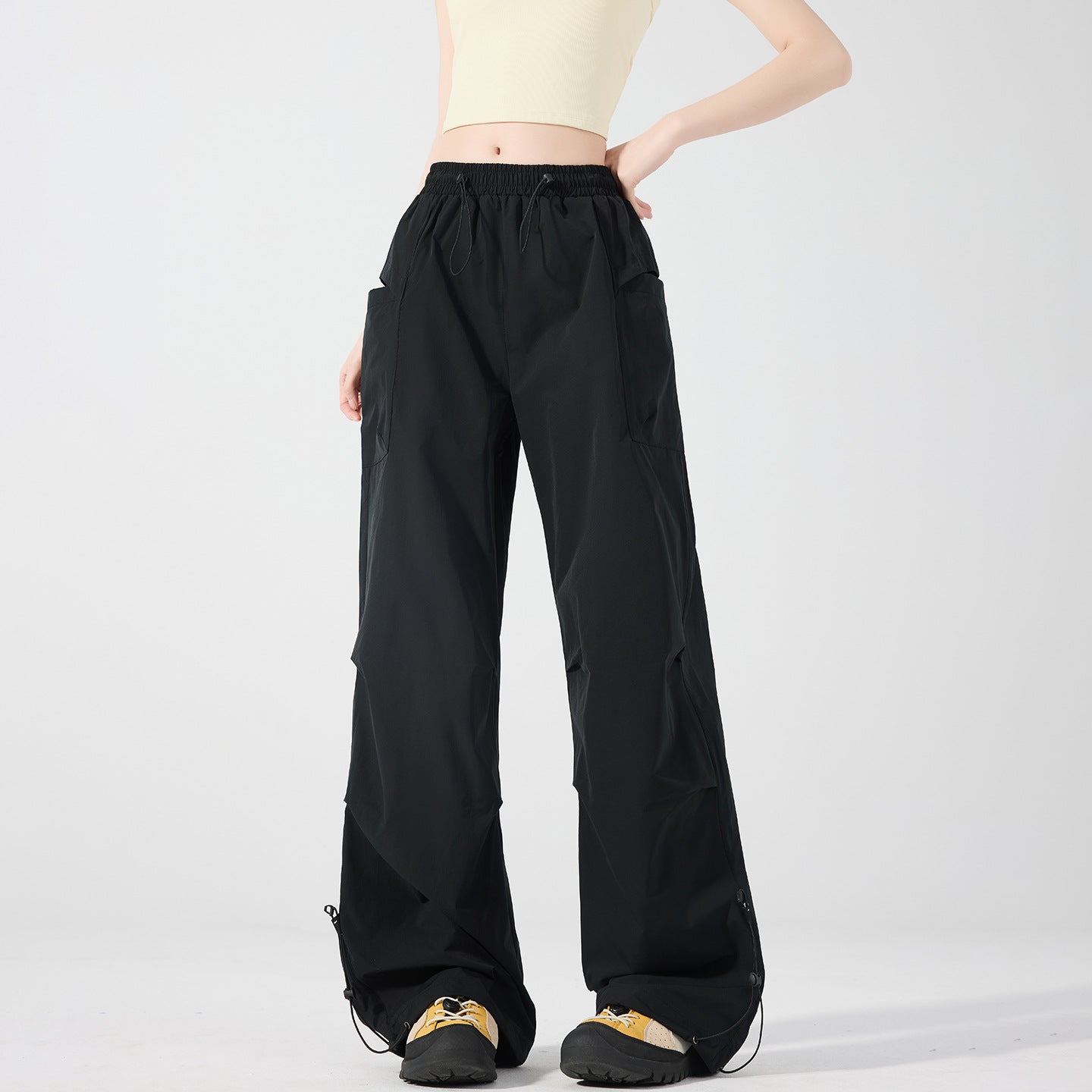 Women's Wide Technical Cargo Pants with Drawstring Waistband, Adjustable Hem, and Multifunctional Pockets Chichicherry