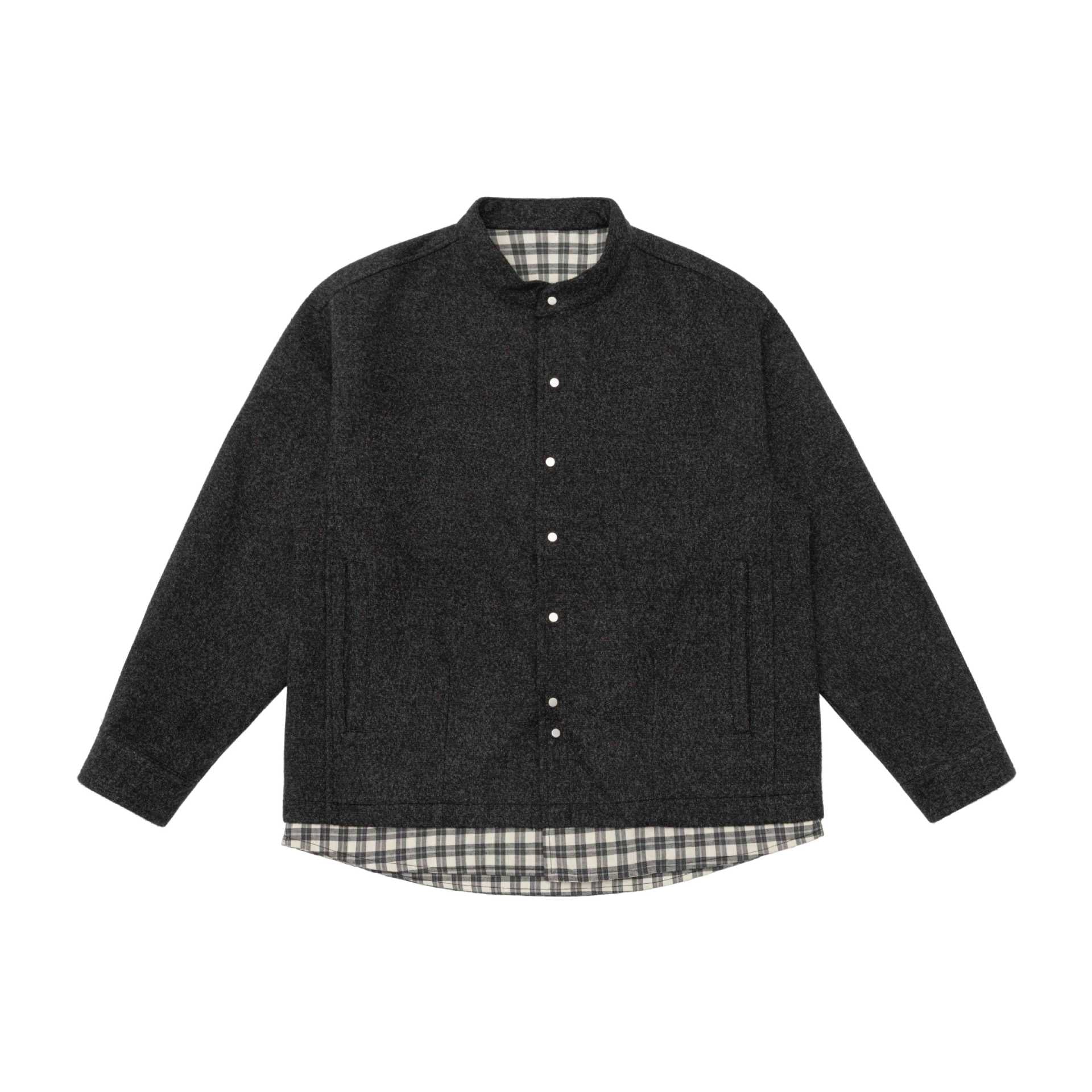 Unisex Short Cut Wool Blend Blouson with Stand-Up Collar and Checked Interior Band Chichicherry