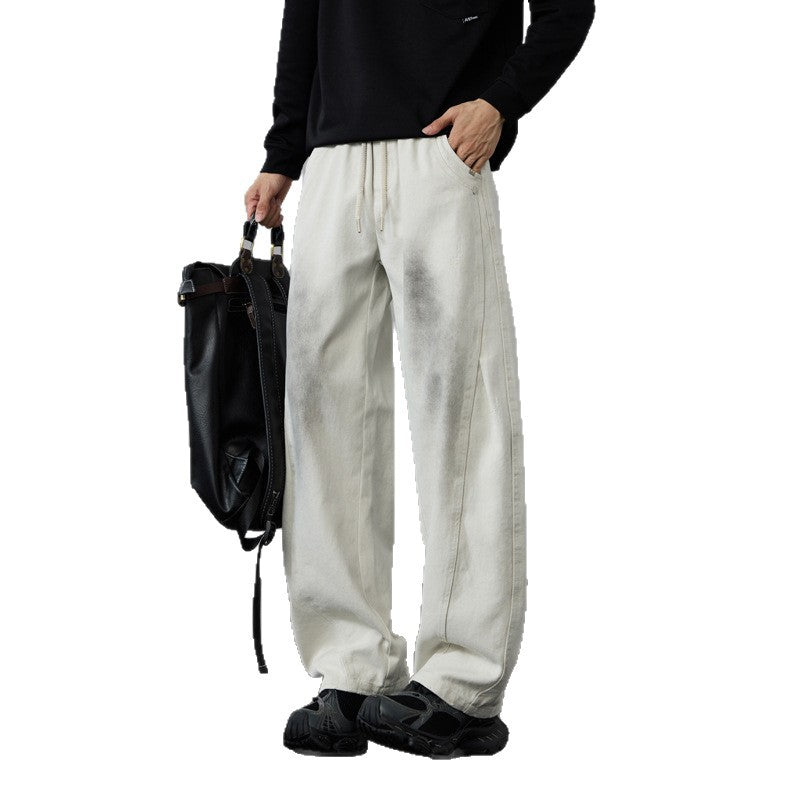 Men's Wide Cotton Drawstring Pants in Vintage Wash Look Chichicherry